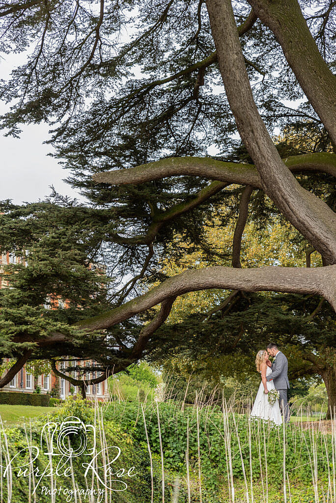 Bride and groom in Chicheley Halls gardens