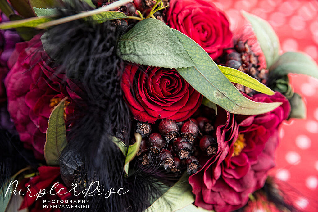 Close up of a black and red bouquet