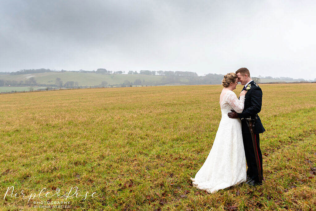 Bride and groom on an overcast day