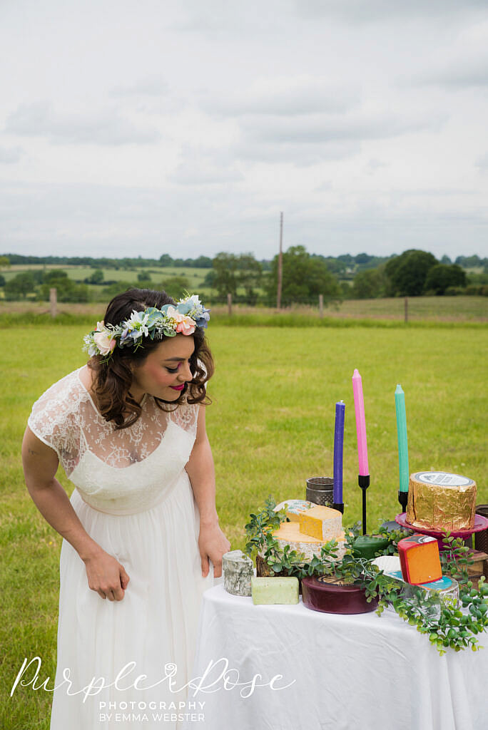 bride looking at her cheese platter