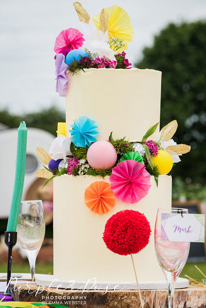 brightly decorated wedding cake