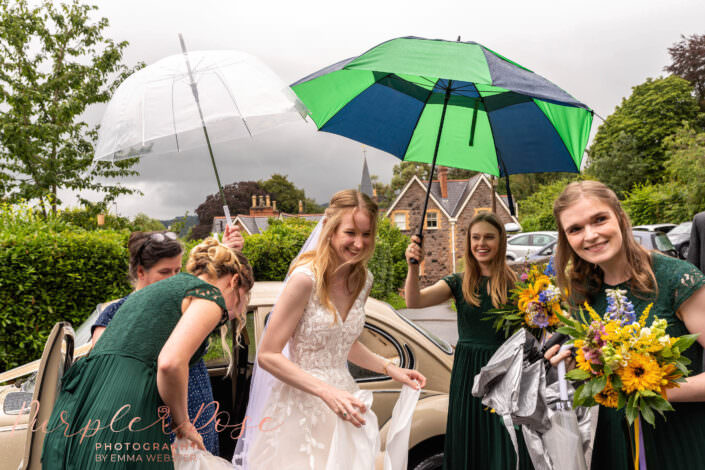 Bride hiding under umbrellas as she arrives for her wedding