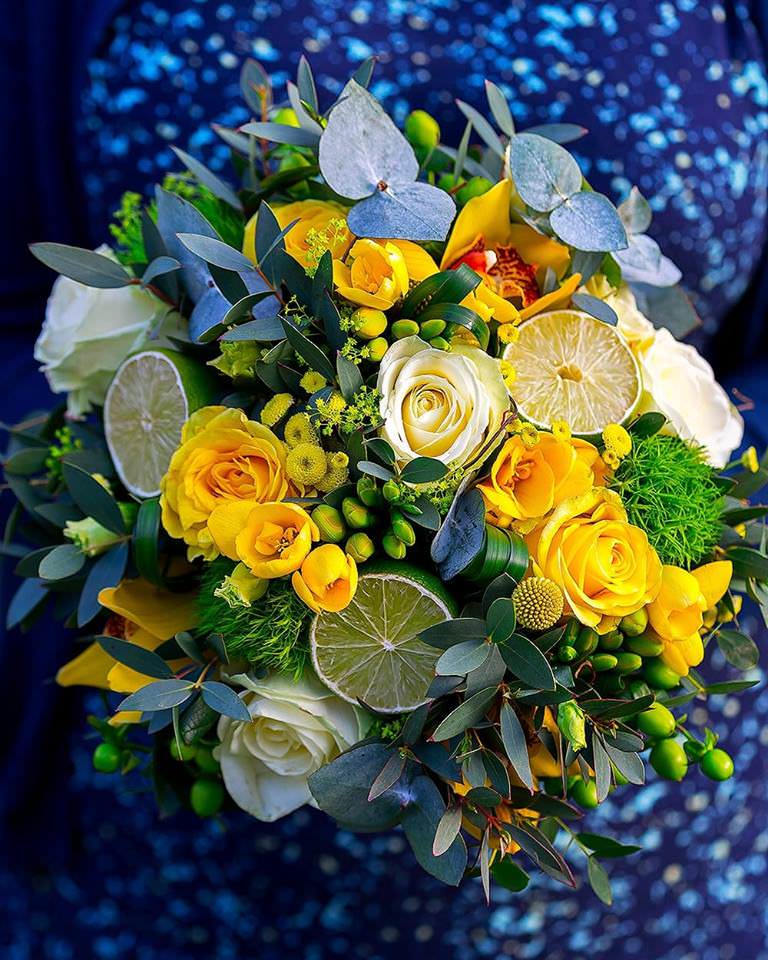 Bridal bouquet on a blue sparkly background