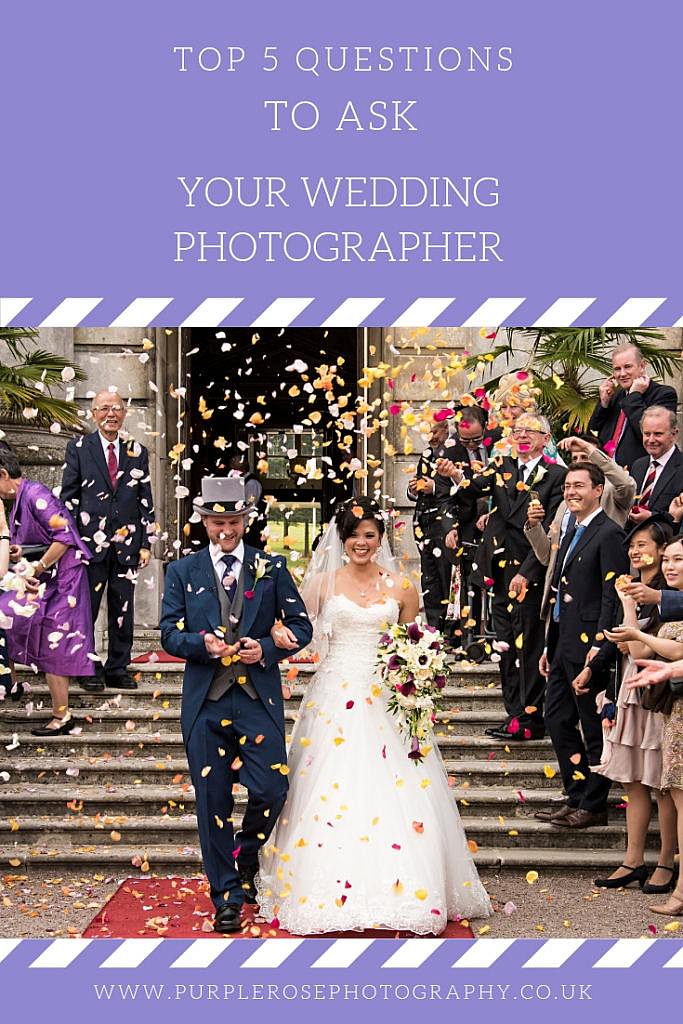 Bride and groom surrounded by wedding guests throwing confetti