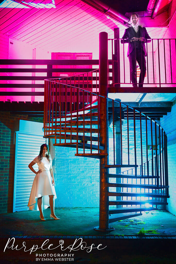 brightly coloured bride and groom portrait