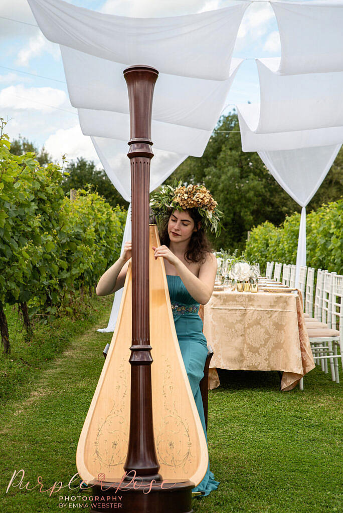 Woman playing harp in vineyard