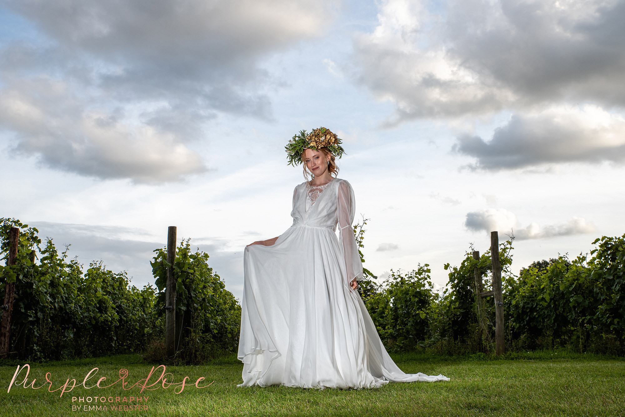 Bride wearing floral crown