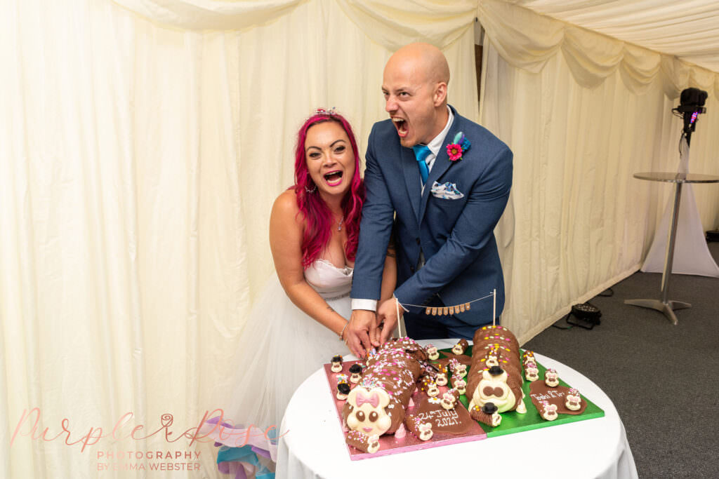 Bride and groom aggressively cutting their wedding cake