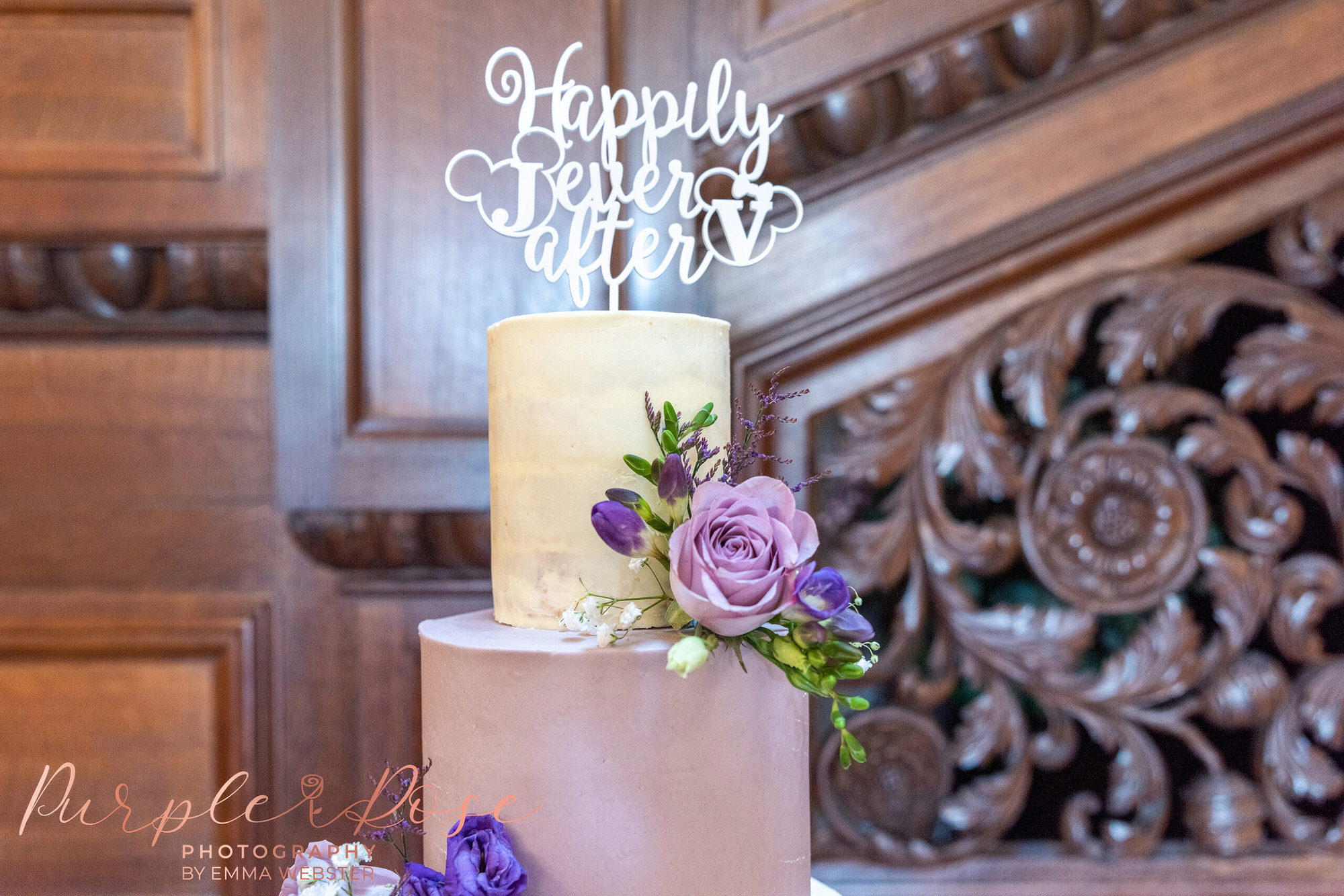 Purple and white wedding cake