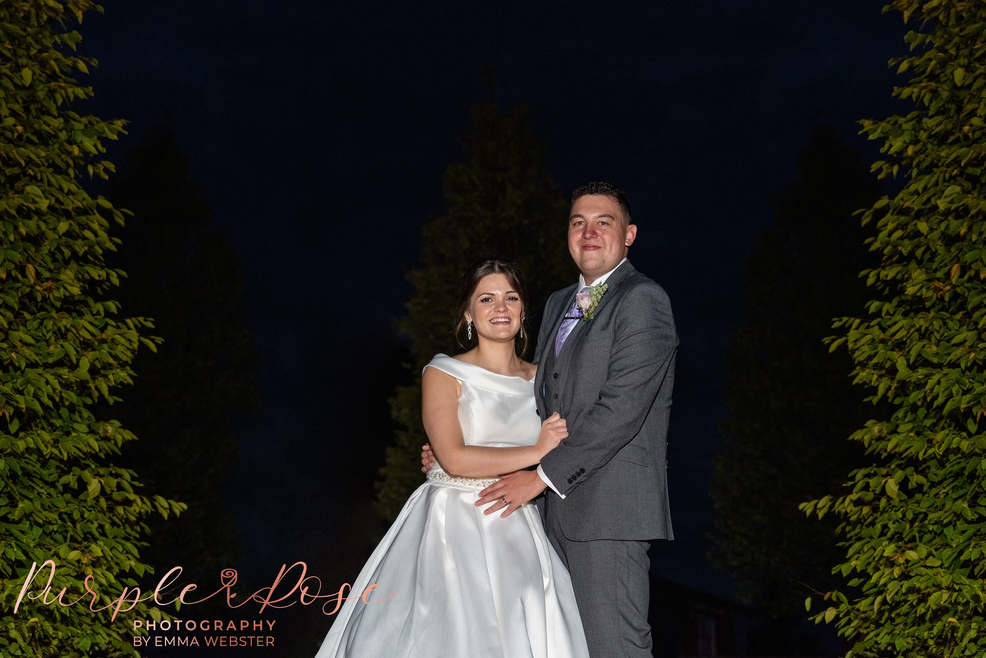 Night time photo of couple on their wedding day