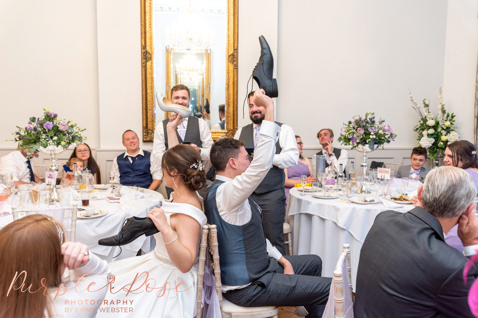 Bride and groom playing party games