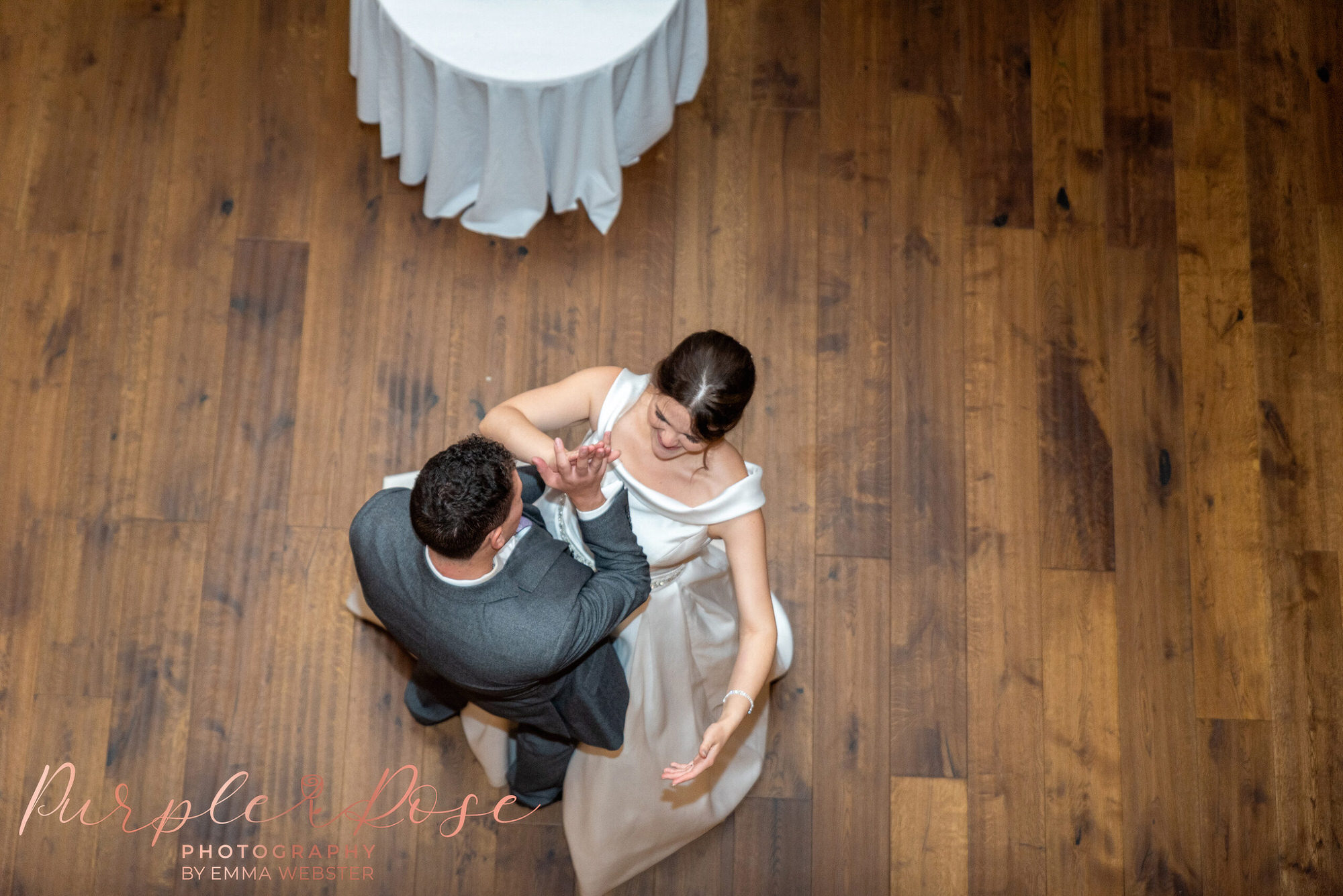 Aerial photo of a bride and groom dancing