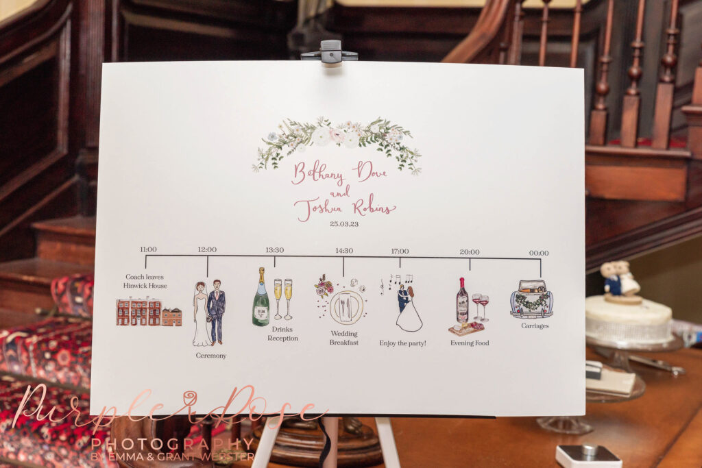 Photo of wedding timeplan for a couples weding day at their manor house wedding