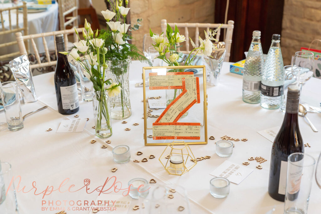 Photo of bride and grooms wedding table decorations on their wedding day in Bedford