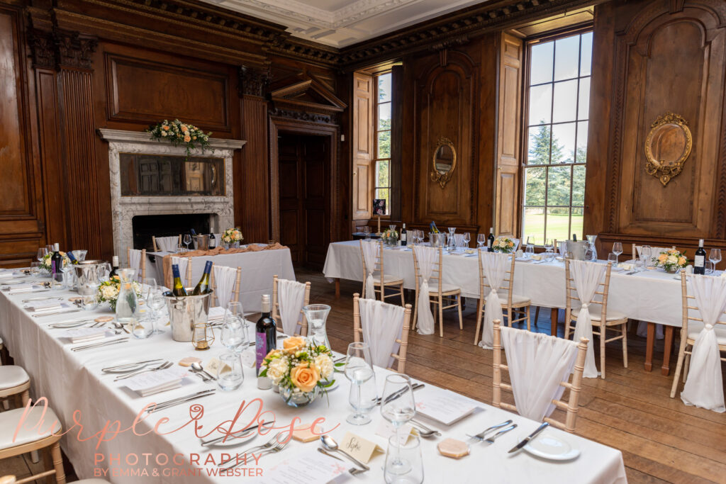 Photo of peach themed wedding reception room at a wedding in Milton Keynes